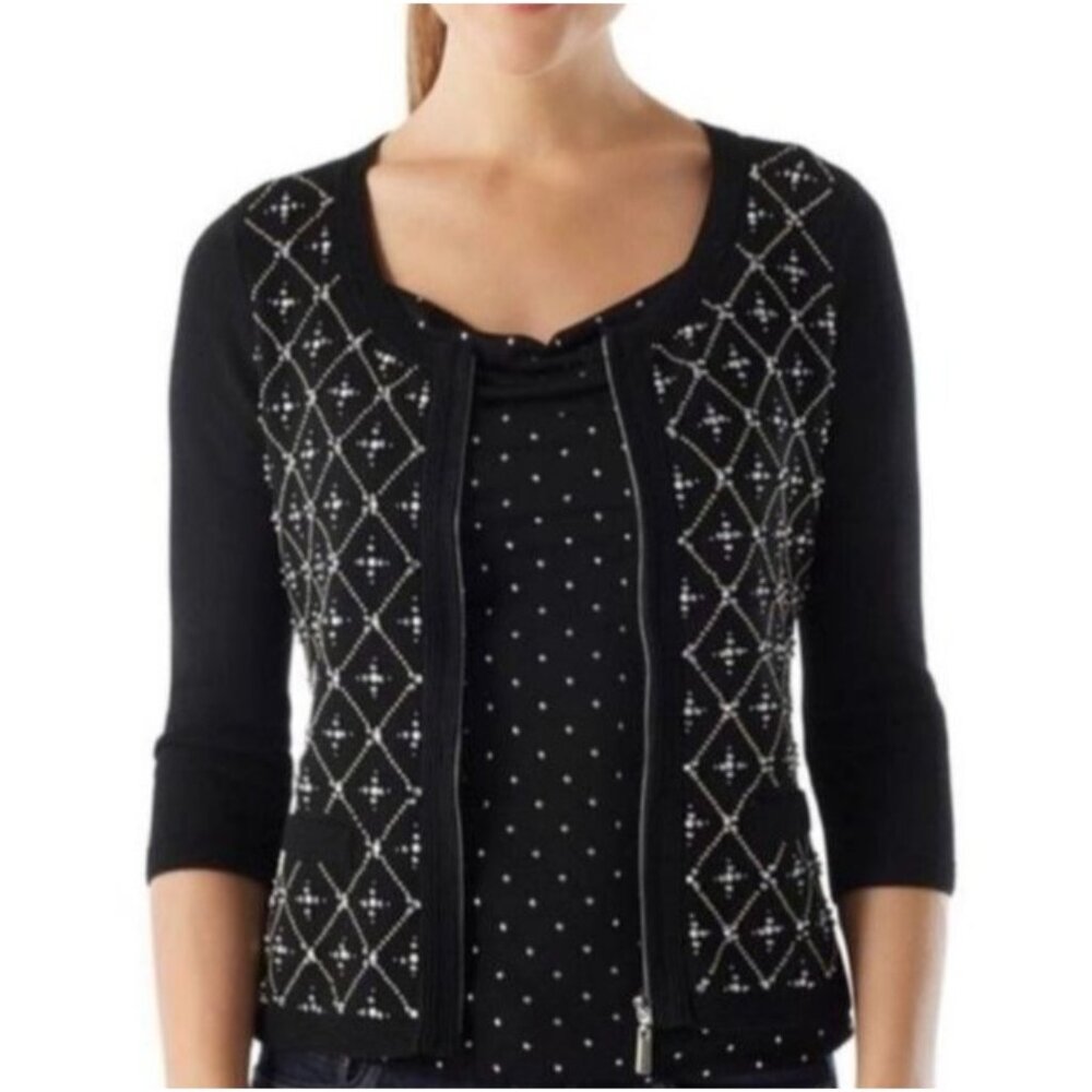 White House Black Market Cardigan Pearl Silver Beaded Embellished M Medium Black